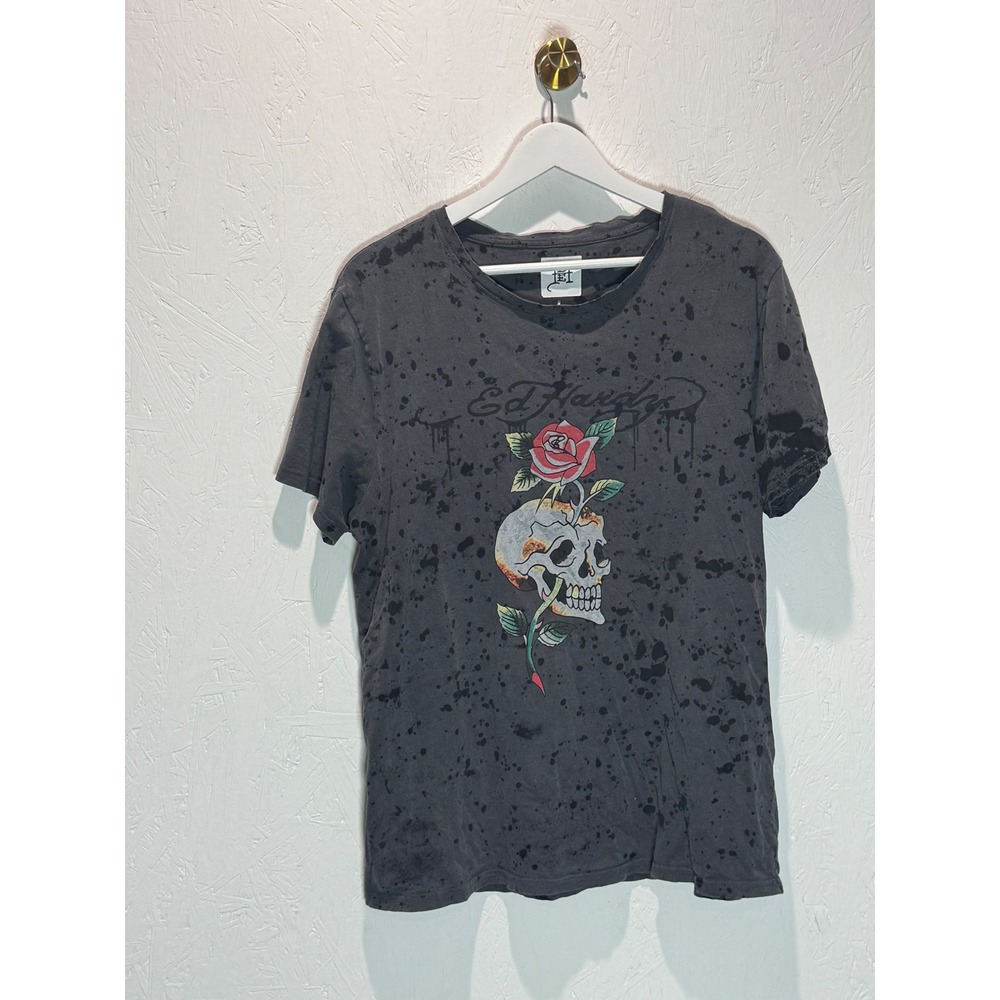 Ed Hardy Skull and Rose Graphic T-Shirt Gray Acid Wash Short Sleeve Large